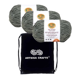 Lion Brand Knitting Yarn Rewind Olive You 3-Skein Factory Pack (Same Dye Lot) 523-174 Bundle with 1 Black Project Bag