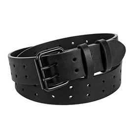 XZQTIVE Men's Double Prong Belt 2 Holes Leather Jeans Belt for Men 1.5 inches Wide, 01 Black With Black Buckle, Fit Pant upto 47in