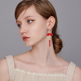 Solighter Retro Rhinestone Red Fan Tassel Earrings for Women Chinese New Years Fan Dangle Drop Earrings Jewelry (Red)