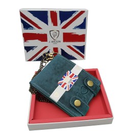 J. Wilson London Designer Genuine Leather Biker's Wallet Motorbike Vintage Distressed Long Detachable Metal Chain to Hang (Distressed Blue)