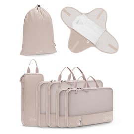 WANDF 7 Set Compression Packing Cubes for Travel, Shirt Folder for Wrinkle-Free, Suitcase Organizer Bags Set for Carry-On Checked Luggage Duffle Bag Women Men(Khaki)