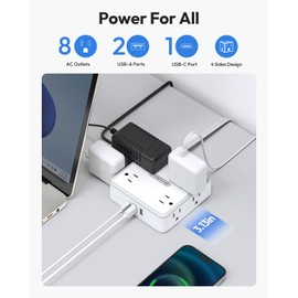 Flat Extension Cord 10 FT, Surge Protector Power Strip with 8 Outlets 3 USB Ports, Flat Plug Surge Protector, Wall Mount Outlet Extender, Indoor Extension Cord with Multiple Outlets, White