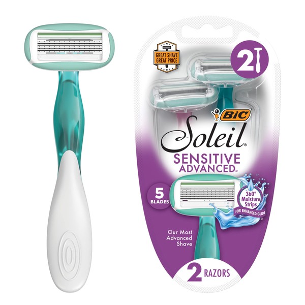 BIC Soleil Sensitive Advanced Women's Disposable Razors With 360° Moisture Strips For Enhanced Glide, Shaving Razors With 5 Blades, 2 Count
