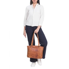 STILORD 'Cora' Leather Handbag in Boho Look Women's Handbag Large Business Bag Braided Leather Women Tote Bag Shopper for Office School University Leisure Genuine Leather, Larino - Brown