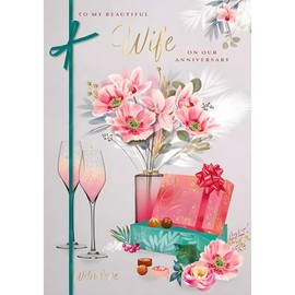 Wife Anniversary Card - Beautiful Wife - Floral Bouquet and Champagne - Artistic Floral Design - Special Finishes and Embellishments - Eco-Friendly
