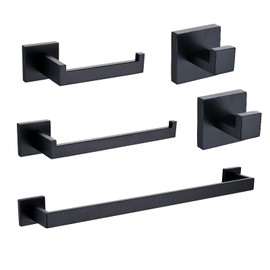 TASTOS 5-Pieces Matte Black Bathroom Hardware Set, Premium Stainless Steel Square Wall Mounted-Includes 23.6 Inch Towel Bar, Toilet Paper TP Holder, 9 Inch Towel Holder, 2 Robe Towel Hooks