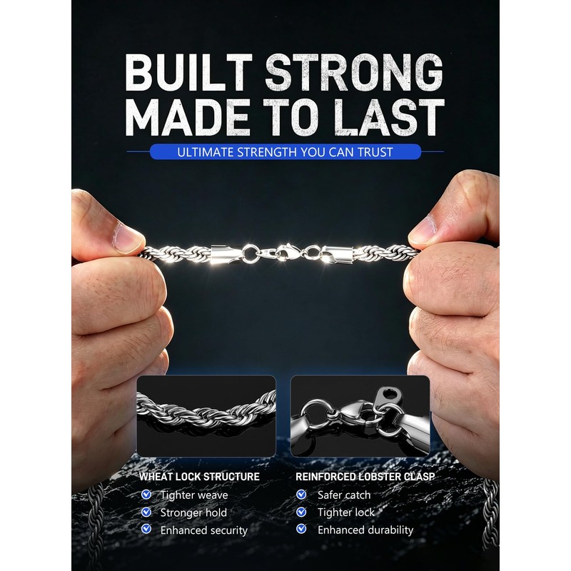 ChainsPro Rope Bracelet for Men, Waterproof Stainless Steel Chain Bracelet