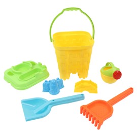 Kids Beach Sand Toy Set, 7 Pieces with Bucket and Tools, Yellow and Green