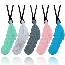 Sensory Chew Necklace for Kids, Boys and Girls, 5 Pack Silicone Feather Chewy Necklaces for Autism, ADHD, Chewing, Oral Motor Chewable Pendant for Mild Chewers