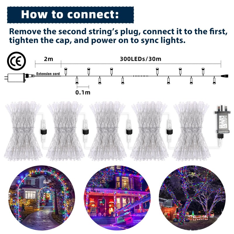 XmasBokeh String Lights Plug 300LED 30m Multicolor 8 Modes Timer