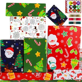 Kids Christmas Wrapping Paper Children Christmas Gift Wrap Xmas Wrapping Paper for Girl Boy,Christmas Gift Wrapping Paper Set,Red Green Deer Santa Christmas Paper Present Wrap,Christmas Rapping paper1