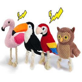4-Pack Durable Squeaky Dog Toys for Small to Large Dogs Interactive Knot Bird Chew Rope Plush Dog Toys Set Flamingo, Parrot, Toucan, Owl for Teething, Anxiety Relief Perfect for Aggressive Chewers