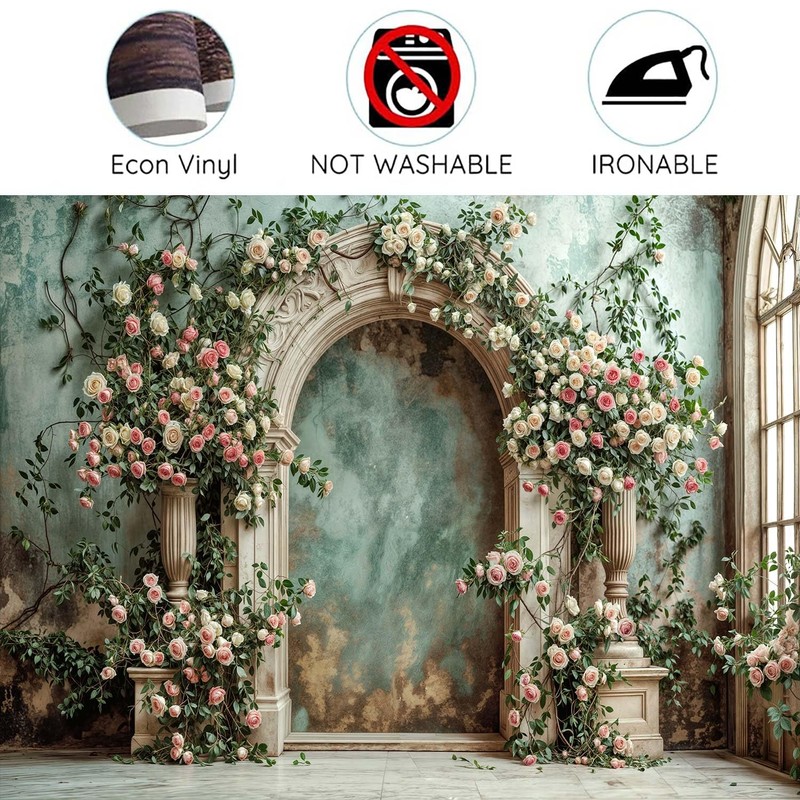 Arch Wall Flowers Backdrop,Retro Medieval Building Pink Rose Photo Background,Realistic