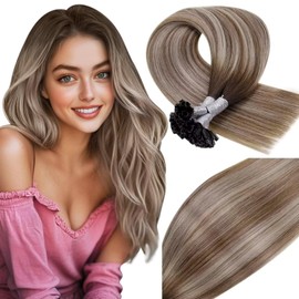 Vivien Real Hair Bondings Balayage Keratin Real Hair Bonding Extensions Brown to Blonde Ombre Hair Extensions Remy 50 g 1 g/Strand 20 Inches