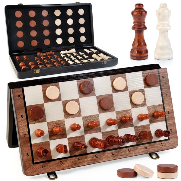 Bravmate 2 in 1 Magnetic Wooden Chess and Checkers Set,