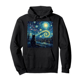 Artistic Cat Under Night Sky Cute Lover Gifts for Cat Fans Pullover Hoodie