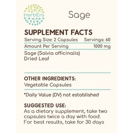 HerbEra Sage 120 Capsules, 500 mg, Sage (Salvia officinalis) Dried Leaf (120 Capsules)