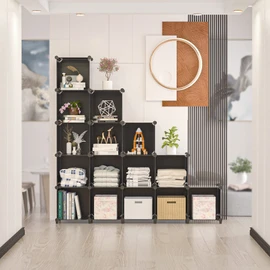 Neprock 16 Cubby Storage Organizer, Closet Clothes Storage Organizer, Cube Shelves Closet Organizers and Storage Shelves for Clothing Storage with Hammer, Bookshelf for Kids（Black）