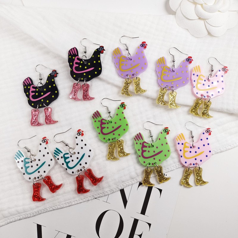 Chicken in Boots Dangle Earrings - Rooster in High Heels