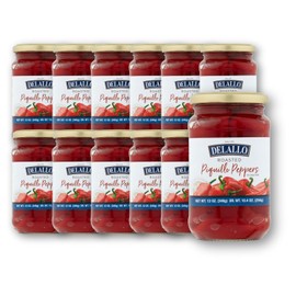 DeLallo Roasted Piquillo Peppers, 12 oz. Jar, (12 Pack), All Natural, Gluten Free, Ready-To-Use, Vegan, Kosher, Sweet Smoky Flavor Red Peppers