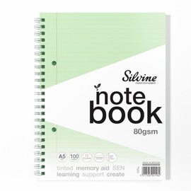 Silvine A5 Blue Paper Dyslexia Notebook | 100 Wirebound Pages, 80gsm Tinted Paper for SEN Supportive Learning & Memory Aid (Green)