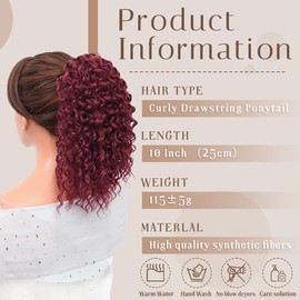 LOSMOEER Ponytail Extension 10 Inch Drawstring Ponytail Hair Extensions for Women Burgundy Wine Red Short Kinky Curly Ponytail Fake Hairpiece Daily Party Use