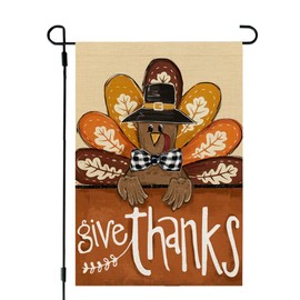 CROWNED BEAUTY Fall Thanksgiving Garden Flag 12x18 Inch Double Sided for Outside Burlap Give Thanks Turkey Seasonal Autumn Yard Decoration