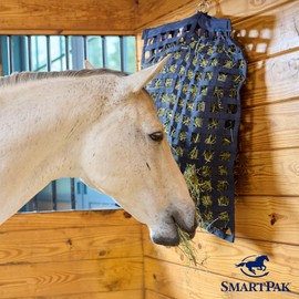 SMARTPAK Slow Feed Hay Bag for Horses | Hay Feeder Net with Resistant Nylon | Gator Mouth Enclosure for Easy Loading | Fits 10-15 lbs of Hay | 4 Flakes Bag | 37" x 30" | Navy Blue | 2" Holes