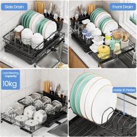 Generic Over The Sink Dish Drying Rack C Expandable Black Carbon Steel, Rust-Resistant with Tilted Drainboard, Utensil Holder, Anti-Slip Feet & Bonus Soap Brush