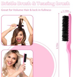 Boar Hair Teasing, Brush Teasing Comb with Tail Handle for Back Brushing, Hair Styling Comb for Control, Backcombing, Smoothing, and Styling Thin & Fine Hair to Create Volume (Pink)