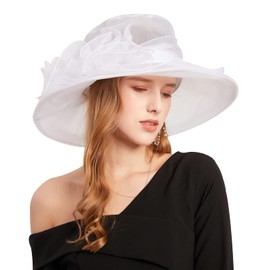 RZTA Women's Kentucky Derby Church Dress Hat Wide Brim Leaf Flower Bridal Shower Hat C3 White