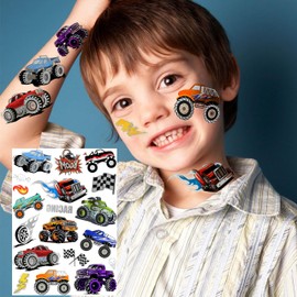 Groovy Metallic Temporary Tattoos Monster Truck, 63+ PCS Cartoon Flash Glitter Silver Trucks Tattoos For Kids Boys Girls Child, Racing Car Checkered Flag Wheel Trophy Flames Face Tattoo Party Supplies