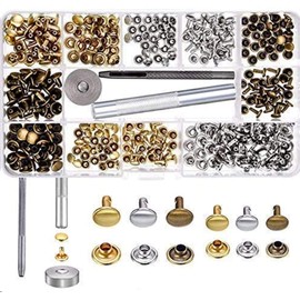 LAKII 180 Set 2 Sizes Leather Rivets Double Head Rivets Steel Tube Metal Rivets with 3 Tools for DIY Leather Crafting, Rivet Replacement, 3 Colors Gold, Silver and Bronze
