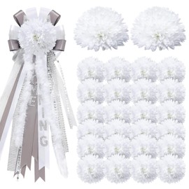 Yuxung 24 Pcs Homecoming Mum Flower - 6.5 Inches Artificial Silk Mums Accessories Kit DIY Crafts for Back to School Homecoming Week Party Decorations (White)