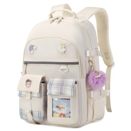 Backpack for Girls, 15.6 Inch Laptop School Bag Kids Kindergarten Elementary College Backpacks Large Bookbags for Teen Girls Women Students Casual Travel Daypacks (Beige, Large)