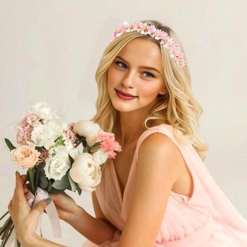 Hermoli Wedding Flower Headband Pink Bride Pearl Hairband Thin Floral
