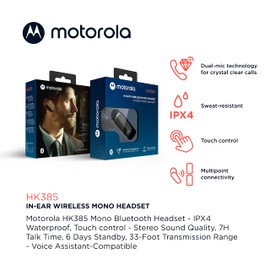 Motorola Sound HK385 Bluetooth Headset in-Ear Mono Bluetooth Earpiece with CVC Touch Control for Calls - IPX4 Sweat Resistant, Smart Touch/Voice Control, Noise Suppression Wireless Earpiece - Black
