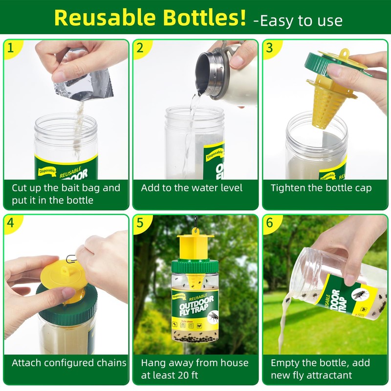 3 Pack Outdoor Hanging Fly Trap Bottles, Reusable Fly Killer