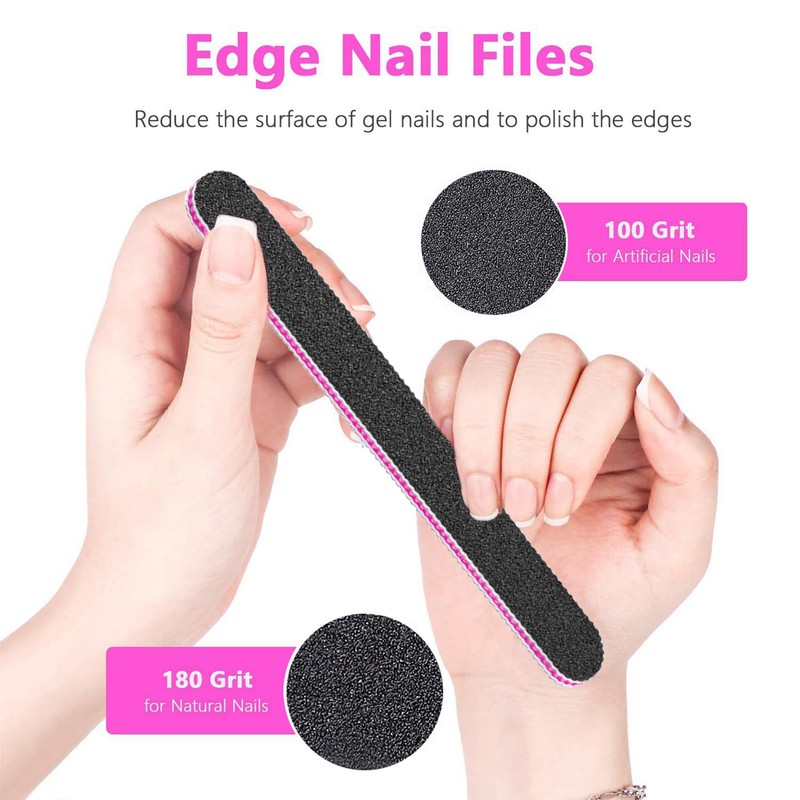 Eupneicu Nail File Set, 15-Piece, Double-Sided 100/180 Grit, Black, Suitable