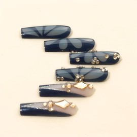 Rchovsam Long Square Press on Nails xl French Tip Nails Press Ons French Blue Butterfly Diamond Designs Fake Nails Acrylic Full Cover Gel False Nails Gift for Women 24pcs