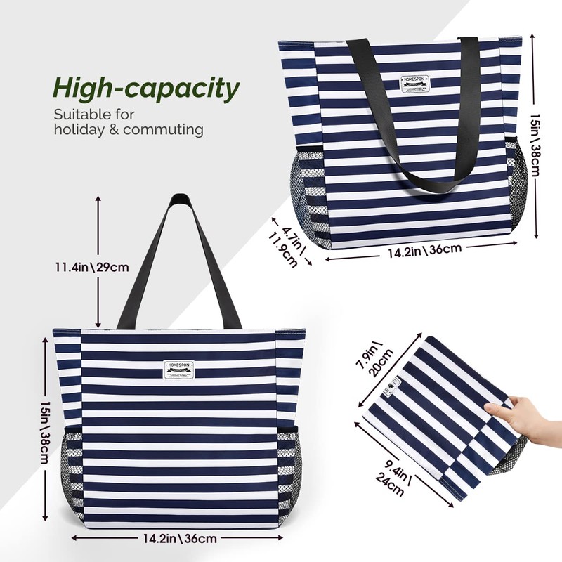 HOMESPON Large Waterproof Beach Tote Bag with Zip and Pockets