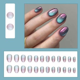 AkiliBIELY Cat Eye Press on Nails Short Oval Light Purple Ombre Blue Fake Nails Cute Women Glue on Nails Acrylic Gel Stick on Nails Fantasy False Nails Classy Wedding Birthday