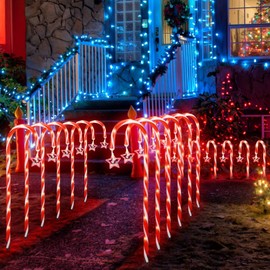𝗡𝗘𝗪 Christmas Candy Cane Lights, 12" Total Height with Red Star and Snowman, 12 Pack, Weather-Resistant Pathway Lights, 8 Modes, Easy Installation for Garden & Holiday Decor