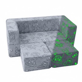 MeMoreCool Kids Sofa Couch, Glow-in-The-Dark Plush Cover, Convertible Foam Loveseat with Armrests & Pocket, Gray Dog Pattern, Playroom & Bedroom Children’s Furniture, 39" x 20" x 16"