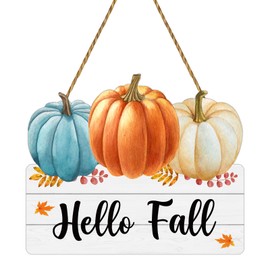 Fall Door Decor Blue Orange Pumpkin Wall Decor Hello Fall Sign Wooden Front Door Hanger Pumpkin Hanging Sign for Autumn Thanksgiving Harvest Farmhouse Porch Indoor Outdoor Home Decorations