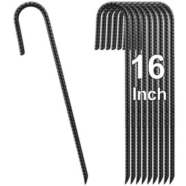 Rebar Stakes 16 Inch, Ground Stakes 10 Pack, J-Shaped Tent Stakes Heavy Duty Ground Anchors, Metal Garden Stakes for Fence, Trampoline, Landscape