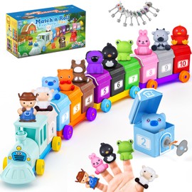 Toddler Toys for 1 2 3 Year Old, Counting, Matching Sorting Montessori Learning Toy Farm Animals Train with 10 Finger Puppets for Boys and Girls, Easter, Christmas, Birthday Gift for Kids