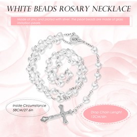 Otuuz Glass Rosary Beads Catholic Necklace Silver Metal Crucifix Charm Christening Rosary Necklace Long Holy Prayer Chain with Medal Cross and Drawstring Velvet Bag for Men and Women, Glass Metal