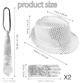 WEZCHUGHAOL 70s disco carnival costume mens accessories 3 piece silver set, sequin hat, glitter tie and glitter gloves for costume party 3 piece disco accessories set