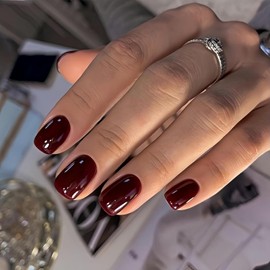 KQueenest Dark Red Press On Nails Short Square - Acrylic Press On Nails With Glue, Wine Red Short Fake Nails Press ons, Glossy Opaque, Reusable Soft Gel Glue on Nails for Women Gift, 24 Pcs